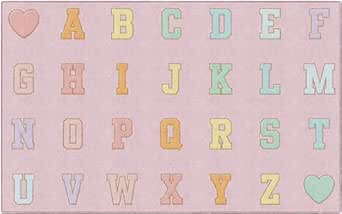 Flagship Carpets Schoolgirl Style Pink Pastel Alphabet Criss-Cross Applesauce Educational Area Rug for Kids Room Seating Décor, Children's Classroom, Play Carpet for Teaching and Playroom, 7'6" x 12'