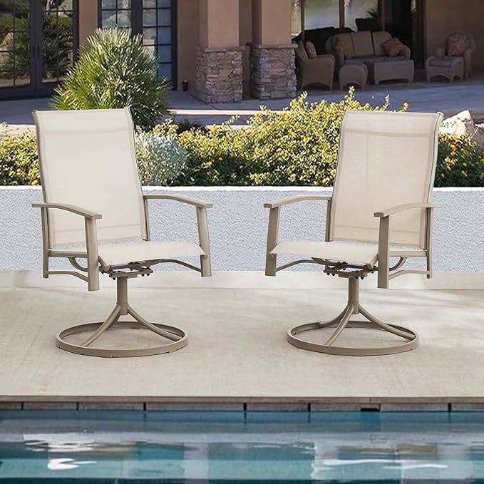 Outdoor Swivel Dining Chair Set of 2, All Weather Patio Dining Chair with Textilene High Back and Metal Frame for Backyard, Lawn Garde and Deck, Ivory