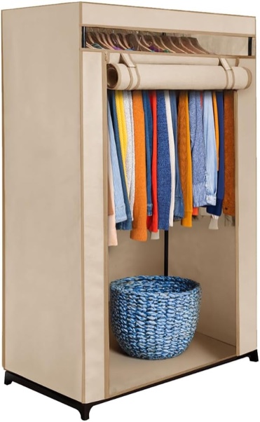 HOLDN’ STORAGE Portable Wardrobe Closet - Premium Metal Hanging Rod with Beige Cover- 65 Lb. Weight Capacity- Super Easy Assembly, No Tools Required (Beige)