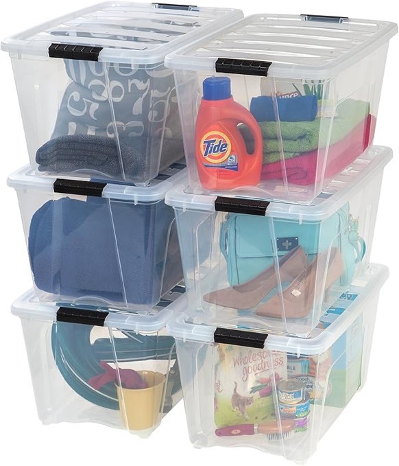 IRIS USA 32 Quart Stack & Pull™ Storage Box  Multi-Purpose Storage Bin  Pearl with Black Buckle  Set of 6
