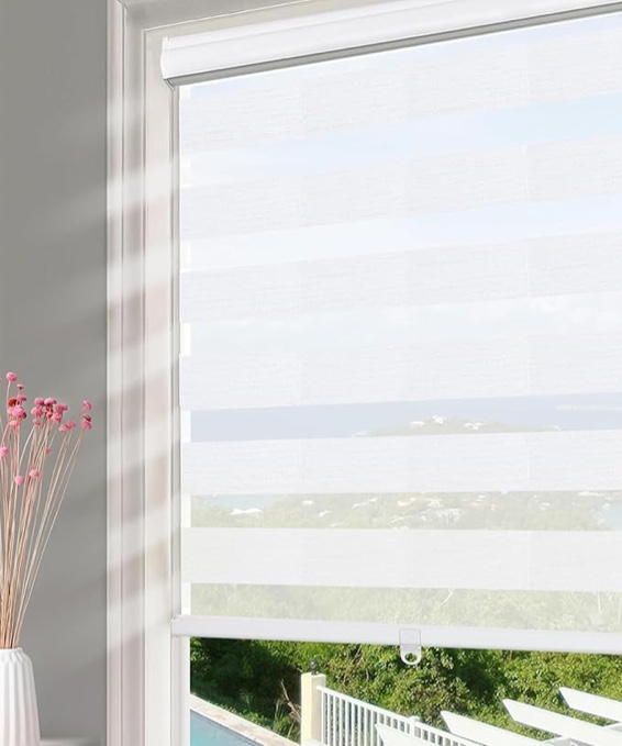 Cordless Zebra Blinds for Windows Free-Stop Roller Window Shades Light Filtering Blinds for Kitchen Bathroom, 34" W x 72" H White, Easy to Install