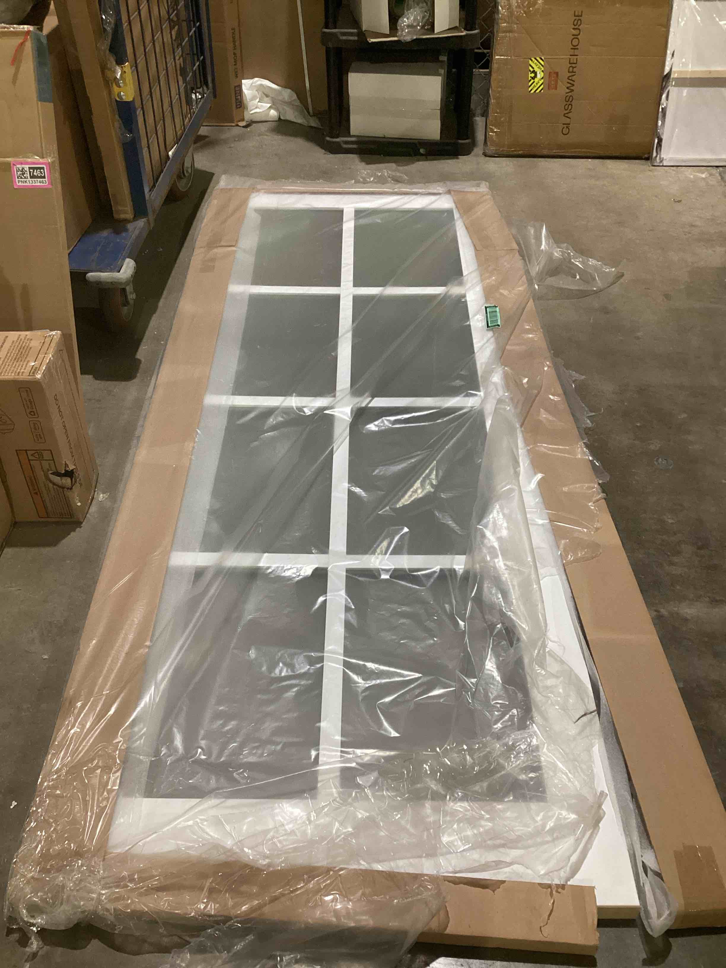 8FT x 3 ft wooden white sliding door with 8 square frosted glass panels 