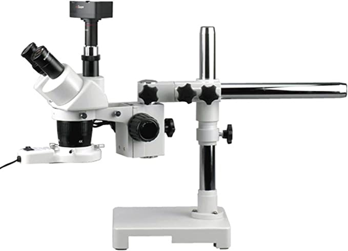 AmScope SW-3T24-FRL-5MT Digital Trinocular Stereo Microscope, WH10x Eyepieces, 20X/40X Magnification, 2X/4X Objective, Single-Arm Boom Stand, 8W Fluorescent Ring Light, 