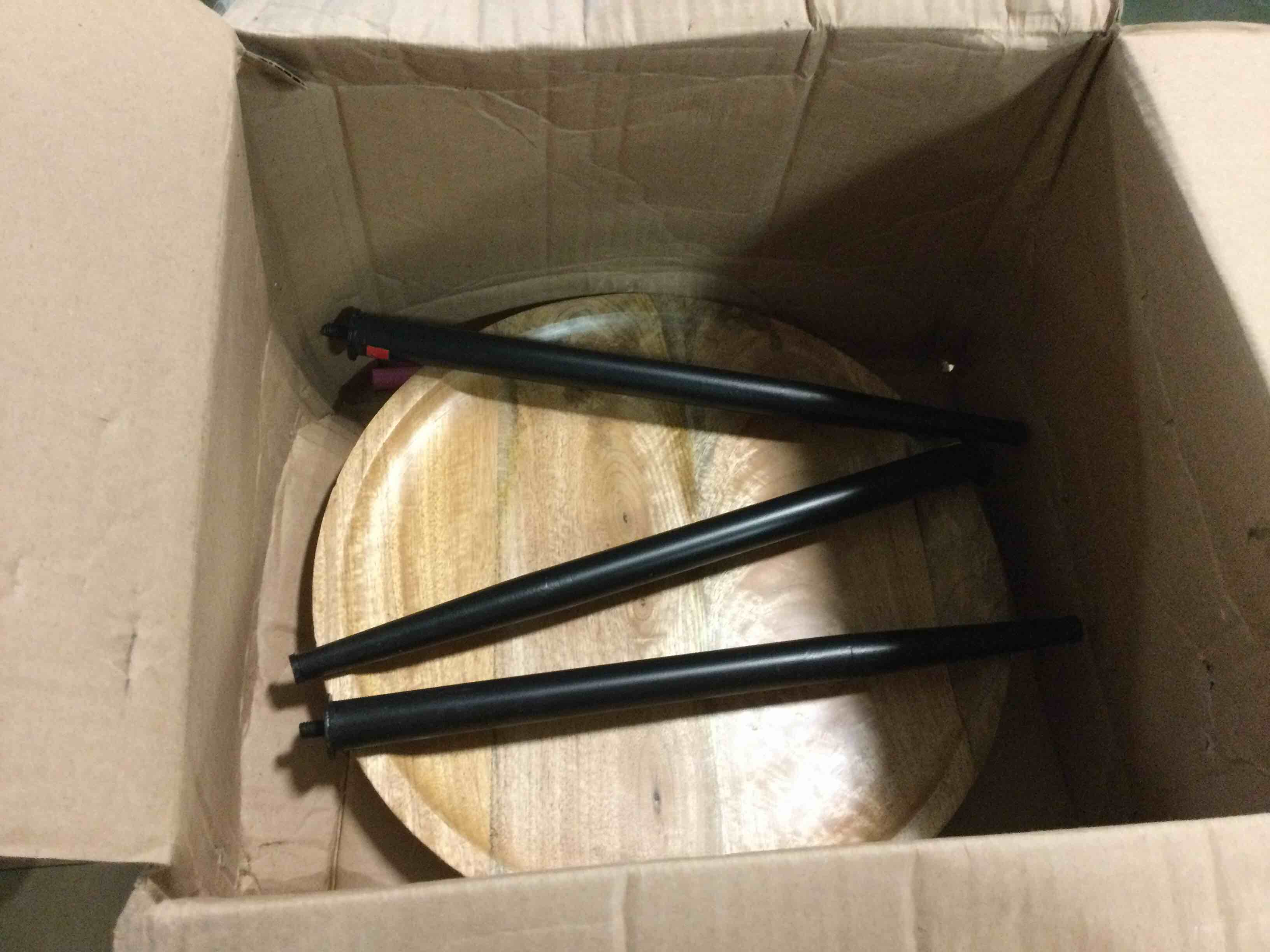 wooden accent table with 3 black metal legs 