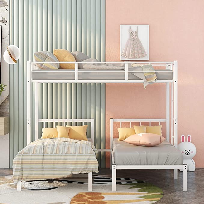 MERITLINE Triple Bunk Beds ,Metal Twin Over Twin & Twin Bunk Bed, 3 Bed Bunk Beds for Kids, Teens, Adults ,Can be Separated into 3 Twin Beds , White (( Box 1/2 ))