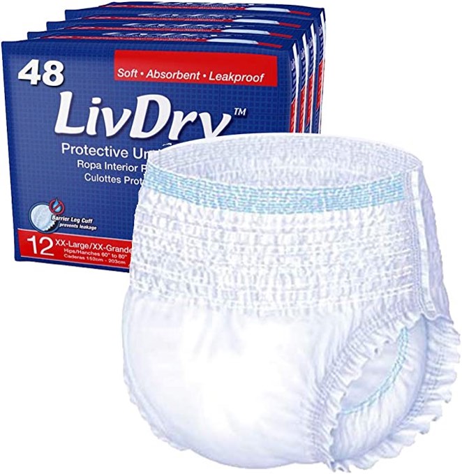 LivDry Adult XXL Incontinence Underwear, Extra Comfort Absorbency, Leak Protection, XX-Large, 48-Pack