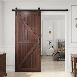 EaseLife 36in x 84in Sliding Barn Door with 6.6FT Barn Door Hardware Track Kit & Handle Included,Pre-Drilled Holes Easy Assembly - Includes Installation Manual, Water-Proof PVC Surface, K-Frame,Coffee