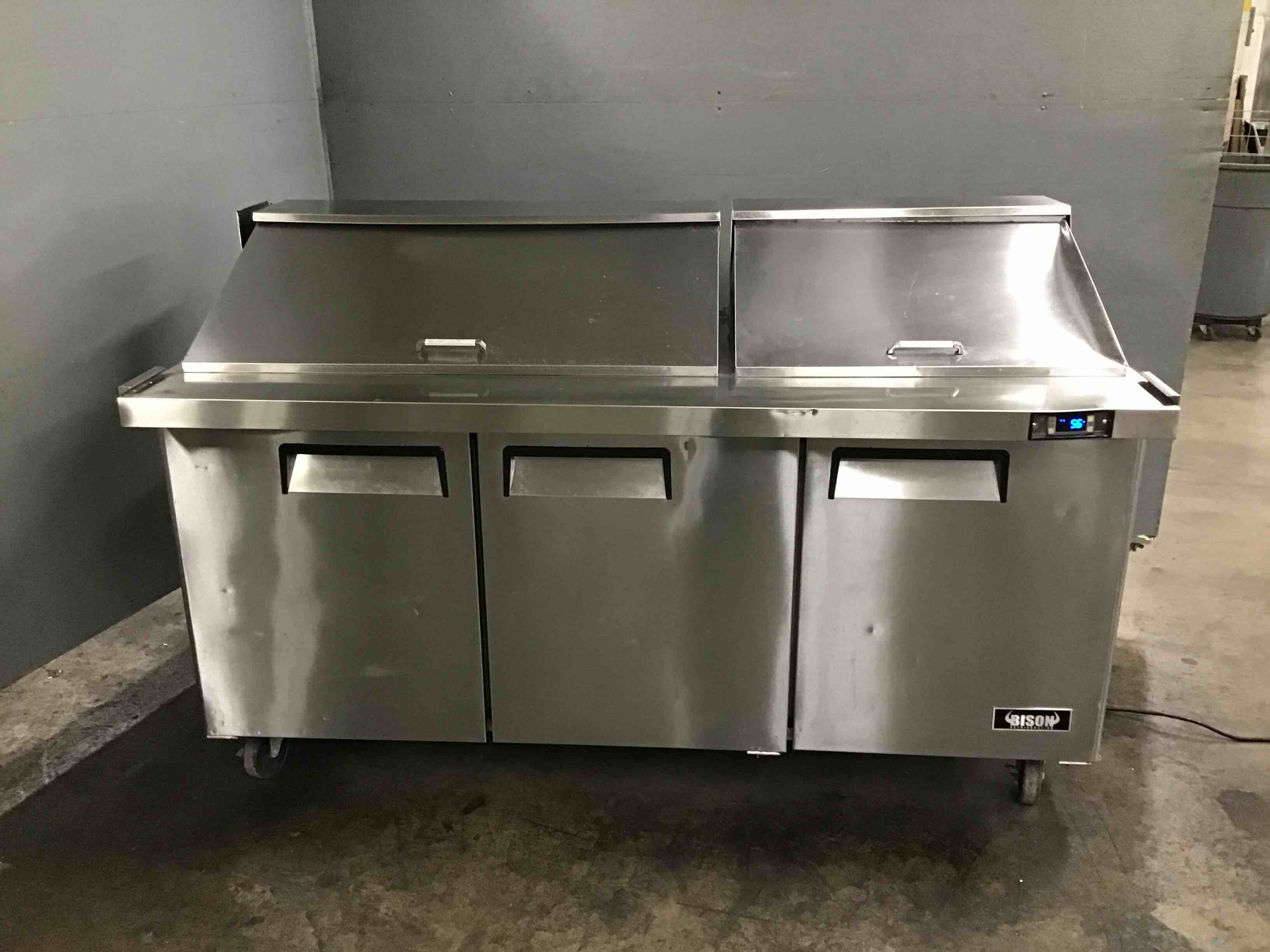 2017 BISON 72 INCH STAINLESS STEEL REFRIGERATED SANDWICH PREP TABLE ON CASTERS 