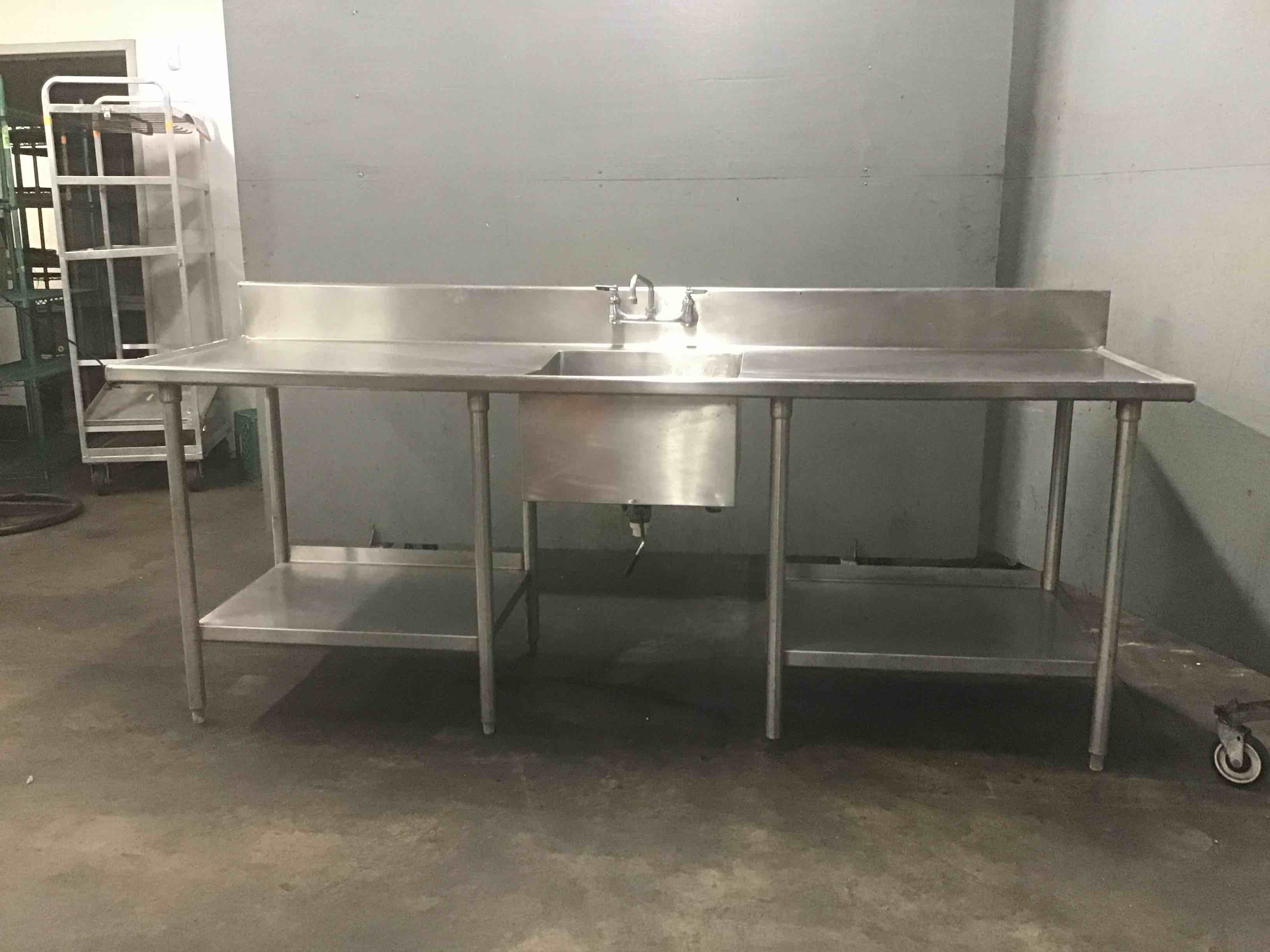 Stainless Steel 95.34 Inch Kitchen Sink With Drain Board And Undershelves