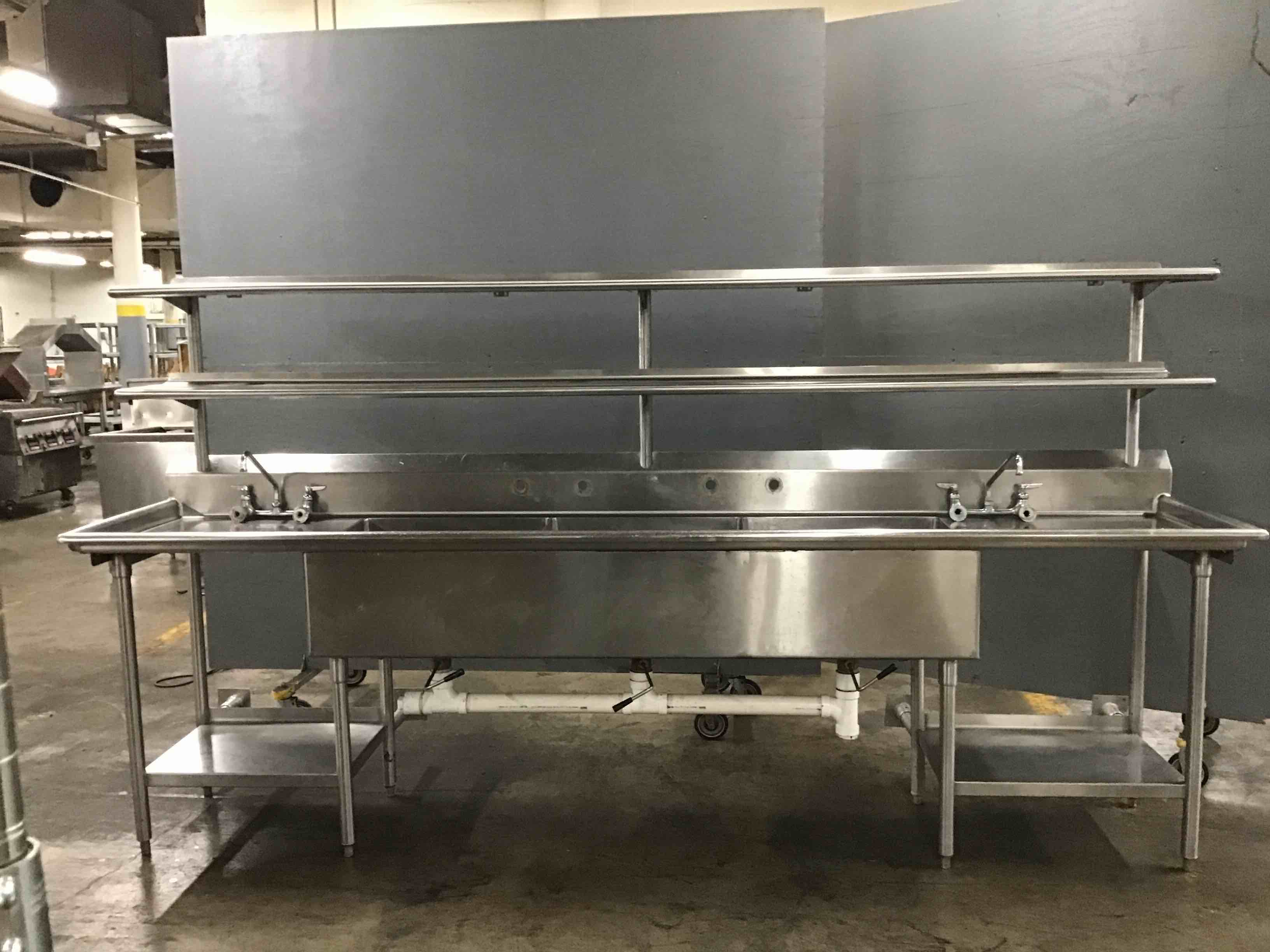 Stainless Steel 126 Inch 3 Compartment Kitchen Sink With Shelving And Drain Boards