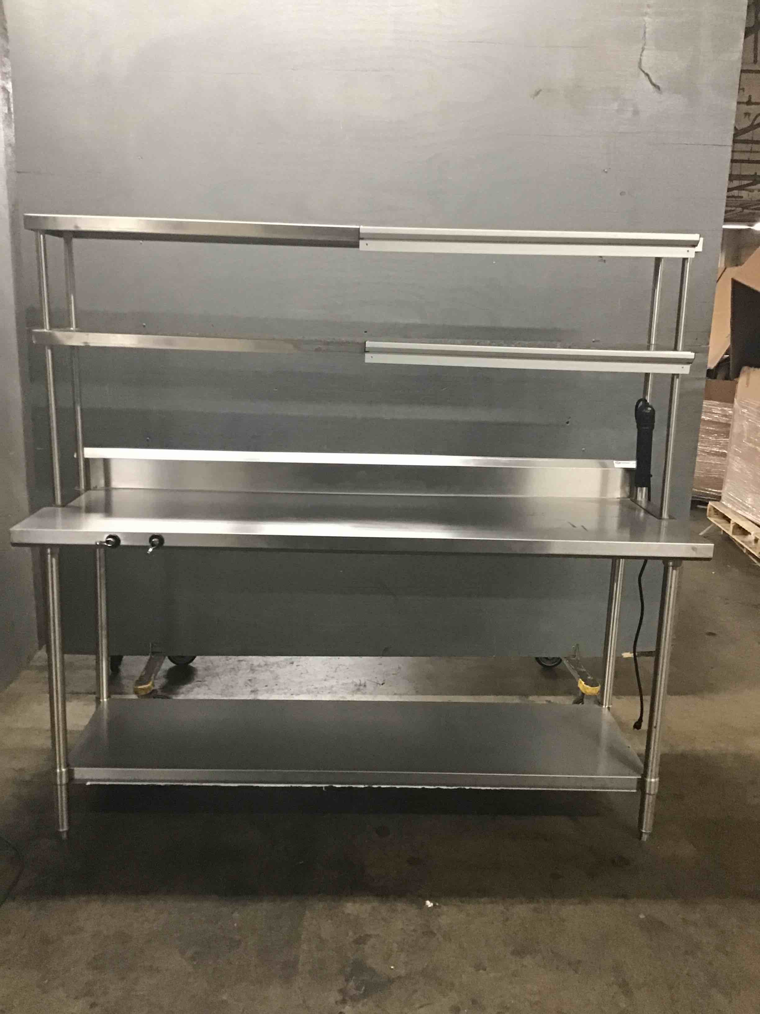NBR Equipment 72.18 Inch Stainless Steel Prep Table With Under Shelf, 6 Slot Electrical Outlets And Dual Top Shelves