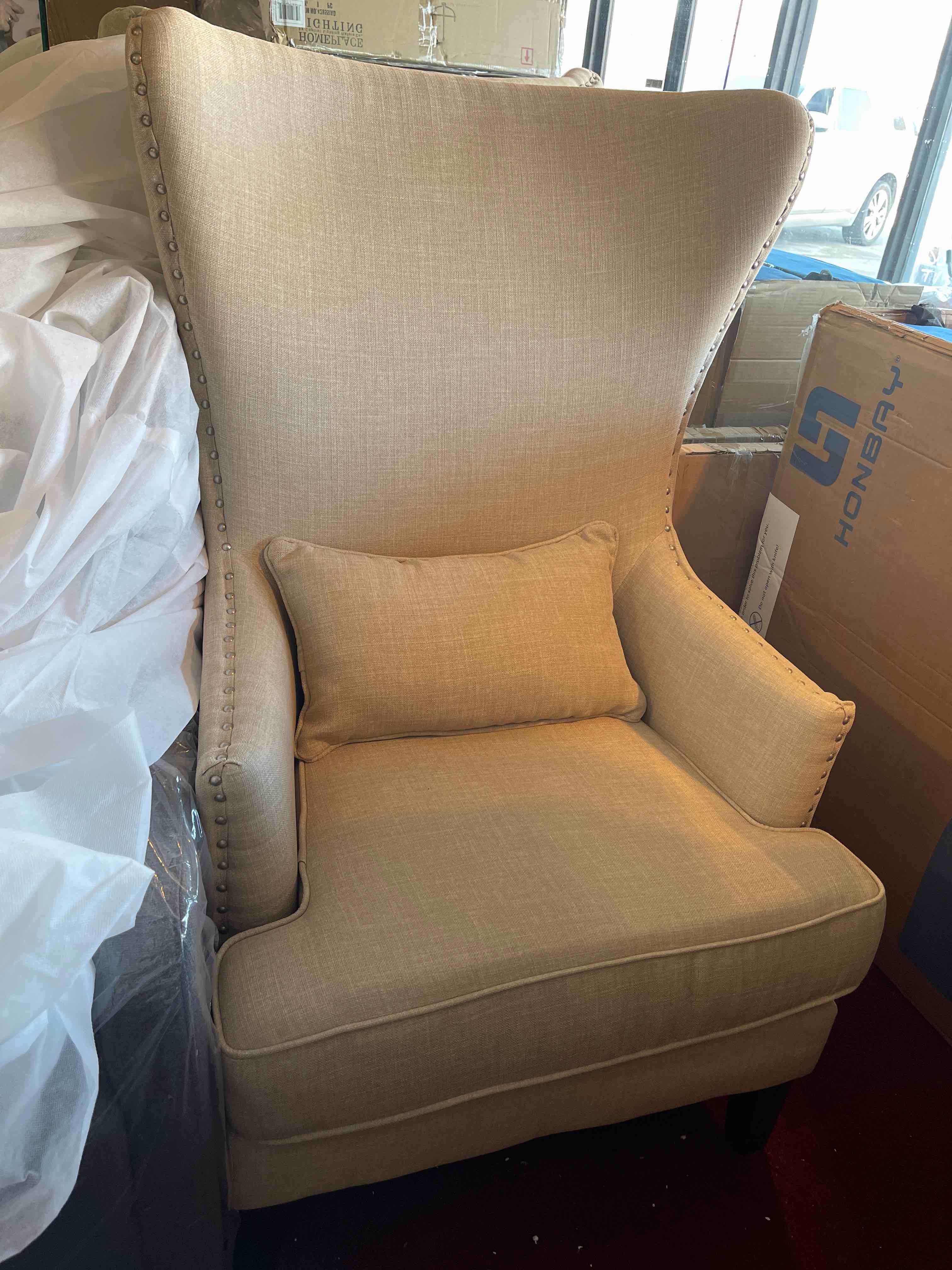 Nail Head Wingback Chair in Linen Color