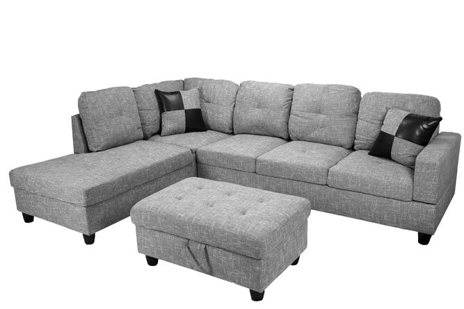 Palmer Square 3 - Piece Upholstered Sectional By Wade Logan® grey linen (incomplete, 2 boxes for pickup, ottoman and right 3 seat sofa piece only)