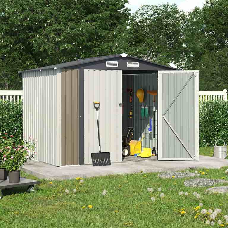 OC Orange-Casual 8' x 6' FT Outdoor Storage Shed, Metal Garden Tool Shed with Lockable Door, Outside Sheds & Storage Galvanized Steel, White & Brown (similar to stock image, incomplete, box 2 of 2 only)