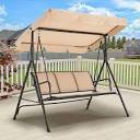 3-Person Metal Frame Patio Swing Chair Porch Swing with All-Weather Convertible Canopy and Textilene Fabric Seats, Beige
