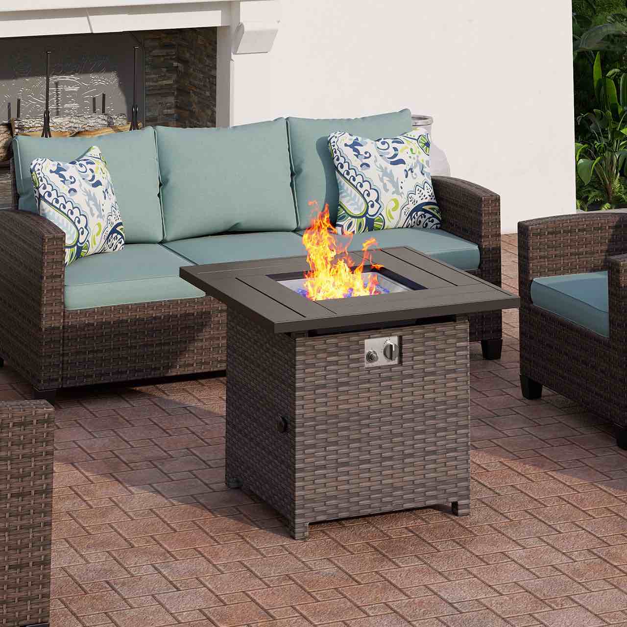 PHI VILLA 50,000 BTU Patio Fire Pit Table with Rattan Side Boards 