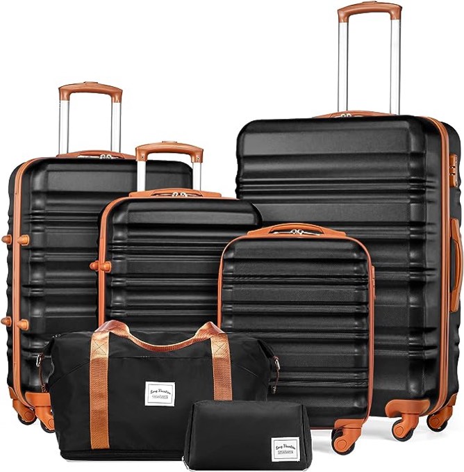 LONG VACATION Luggage Set 4 Piece Luggage Set ABS hardshell TSA Lock Spinner Wheels Luggage Carry on Suitcase (BLACK-BROWN, 6 piece set)