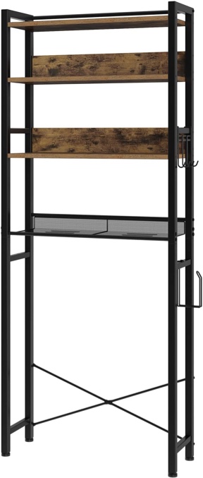 Rolanstar Over The Toilet Storage, 4-Tier Wooden Bathroom Space Saver with Hooks, Freestanding Bathroom Organizer, Multifunctional Over The Toilet Storage Rack, Bathroom Toilet Rack, Rustic Brown