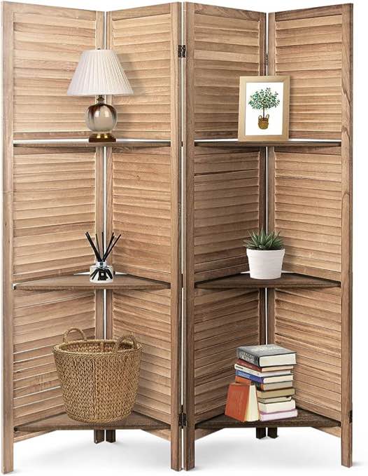 ECOMEX Room Divider 4 Panel, Wood Room Divider Screen,Freestanding Room Dividers and Folding Privacy Screens, Easy Move Partition Room Dividers, Temporary Wall Room Divider with Shelves (Brown)