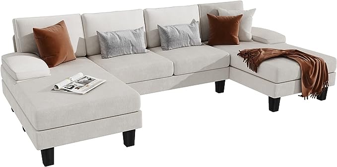 YESHOMY Convertible Sectional U-Shaped Couch with Soft Modern Cotton Chenille Fabric for Living Room, 6 Seats Oversized Sofas with Comfortable Backrest, Cream White