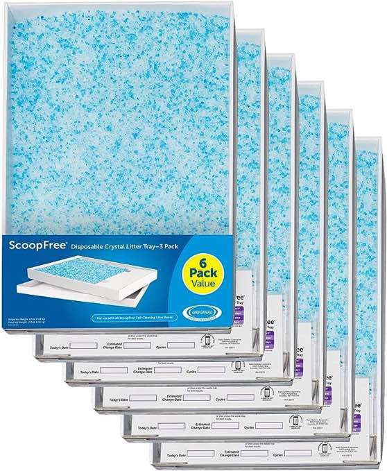 PetSafe ScoopFree Crystal Litter Tray Refills – Premium Blue Crystals, 6-Pack – Disposable Tray – Includes Leak Protection & Low Tracking Litter – Absorbs Odors on Contact
