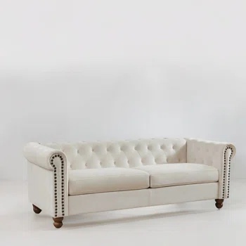 Upholstered Chesterfield Tufted Velvet Sofa Couch For Living Room, Rolled Arm 3-seater Sofa Couch With Nailhead Trim And 2 Neck Roll Pillows Box2 Of 2