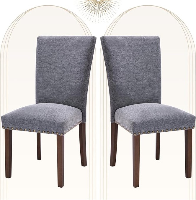 COLAMY Upholstered Parsons Dining Chairs Set of 2, Fabric Dining Room Kitchen Side Chair with Nailhead Trim and Wood Legs - Dark Grey