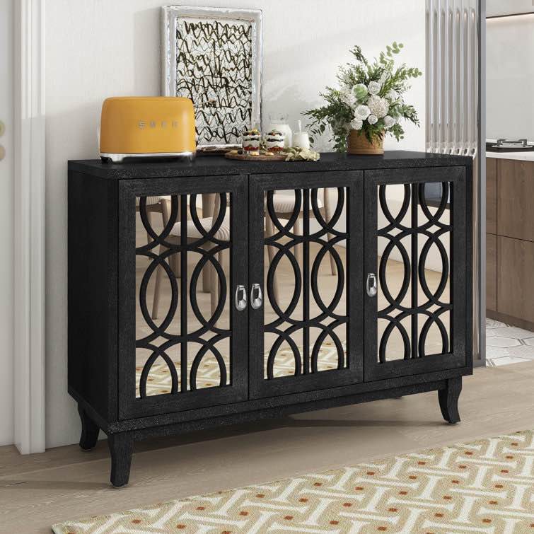 Luna Llena 3-Door Modern Contemporary Accent Cabinet, Mirrored Chest, Light Gray