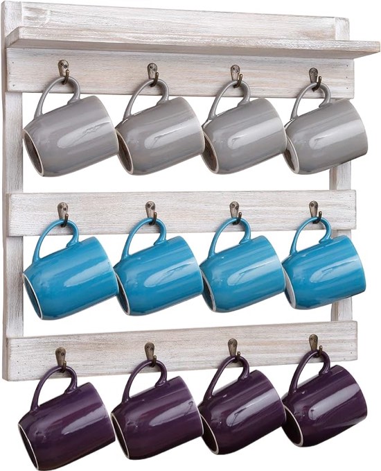 Rustic Mug Rack Wall Mounted With Shelf - 12 Coffee Cup Hangers - Built In Shelf for Coffee, Sugar & More! Wooden Coffee Mug Display And Organizer - Distressed Coffee Rack (Whitewashed)