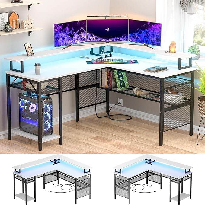 Unikito Reversible L Shaped Desk with Power Outlets and Smart LED Light, 55 Inch Computer Office Desk, Unique Grid Design, Corner Writing Gaming Table with Monitor Stand and Storage Shelf, Pink L Shaped Desk Pink