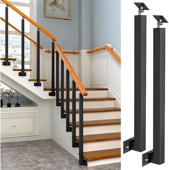 Stair Balusters Post, Black Square Metal Railing Spindles with Flat & Adjustable 270° Angle Bracket, Banister Column for Deck, Steps, Garden, Outdoor Stairs Remodeling, Front Mount