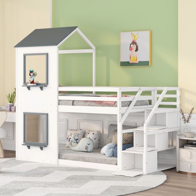 Storage Stairs House Bunk Bed with Roof and Window, Twin Over Twin Wood Bed Frame with Ladder and Full-Length Guardrail for Boys Girls Bedroom (White) INCOMPLETE BOX#1of3