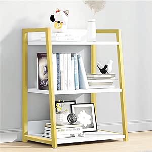 IOTXY 3 Tier Open Bookshelf - Steel and Wood Display Stand, 50CM Width Floor-Standing Bookcase, Gold