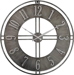 WHW Whole House Worlds Industrial Chic Analog Clock, Brushed Gun Metal Finish, Iron, Quartz Movement, 2 Feet Diameter (23.5 Inches) 1 AA Battery (Not Included) Loft Living Collection