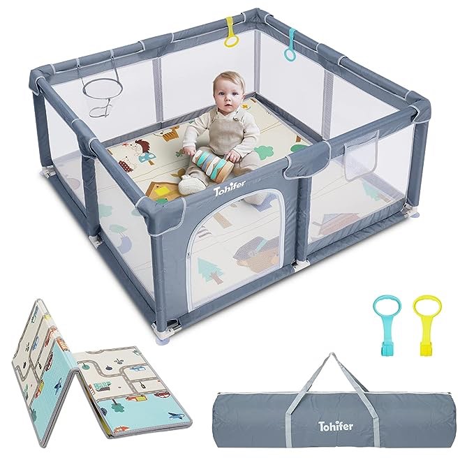 Gimars Upgraded 320D Washable Baby Playpen with Padding Mat, 6in1 Bump-proof Playpen for Toddlers, Sturdy & Safe Playpen with Padded Cotton Top Rod for Protecting Baby, Baby Play Yard with Zipper Gate