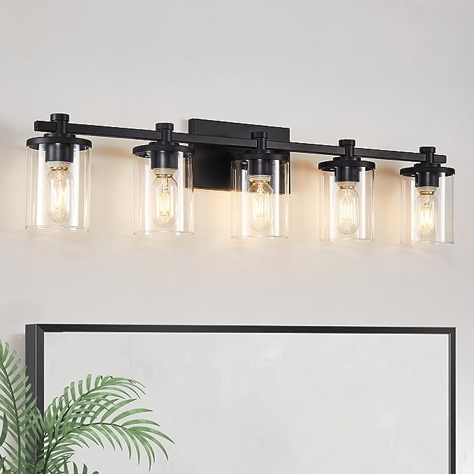 DADUL 5-Lights Bathroom Light Fixtures with Clear Glass Shade, E26 | 40W | Matte Black Bathroom Vanity Light Fixtures Over Mirror, Bathroom Wall Sconces for Bedroom Hallway Living Room -