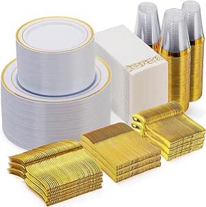 700 Piece Gold Dinnerware Set for 100 Guests, Plastic Plates Disposable for Party, Include: 100 Gold Rim Dinner Plates, 100 Dessert Plates, 100 Paper Napkins, 100 Cups, 100 Gold Plastic Silverware Set