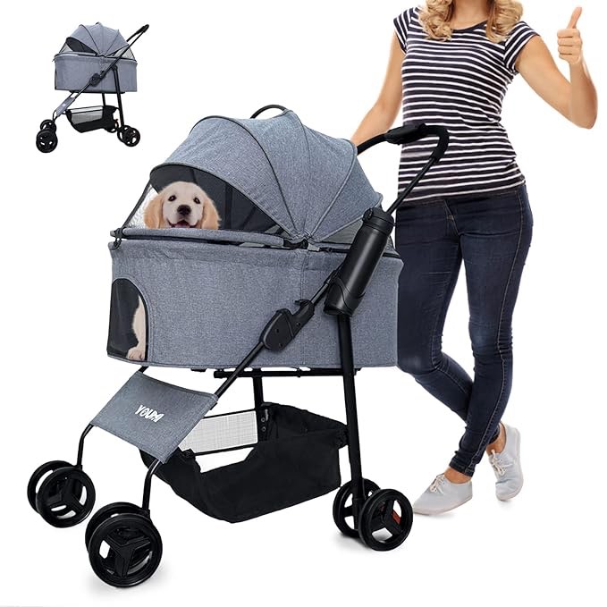 Pet Stroller 4 Wheels Dog Stroller by YOUMI, Pet Gear with Cup Holder & Safety Belt for S/M Dogs On The Trip, Pet Rover with Storage Basket (Deep Grey)