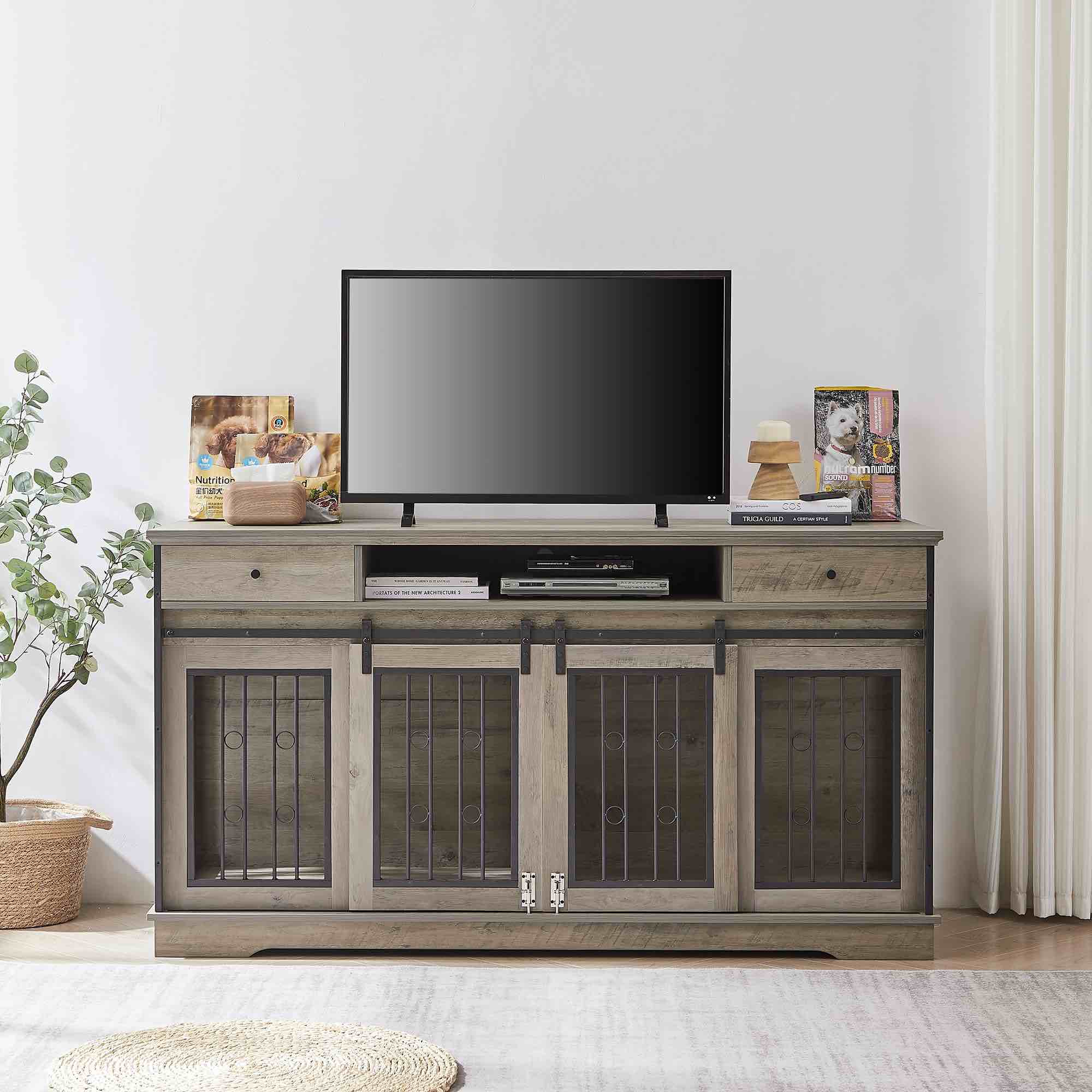 OGAOL Large Dog Crate Furniture, 66.1" Sliding Door Dog Crate End Table for 2 Dog, TV Stand Heavy Duty Dog Kennel Crates Cage with Divider and 2 Drawer for Small Medium Large Dogs (Drawers)