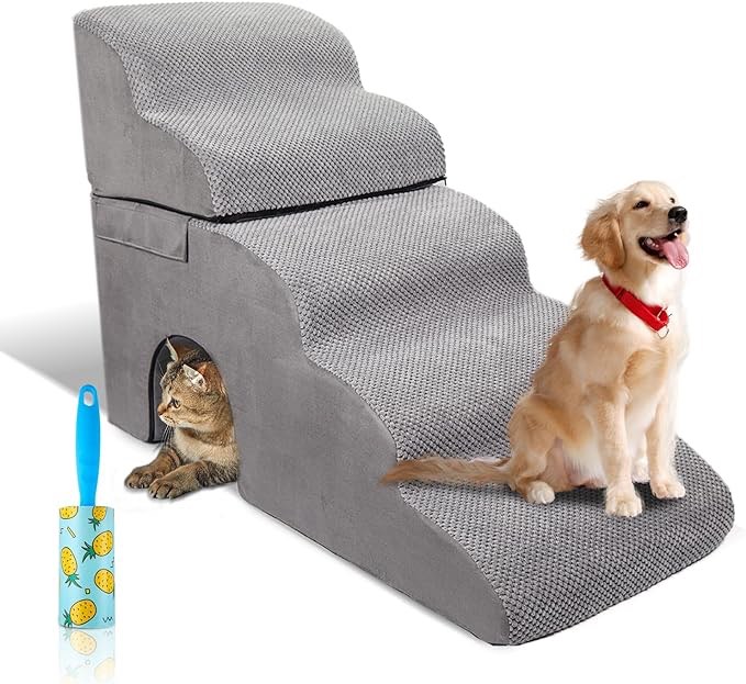 Dog Stairs for 30" High Beds for Small Dogs,3-in-1 Foam Pet Stairs & Steps, can be Spliced in 2 and 4-Step Stairs. Portable Dog Steps with Handle for Sofa,Couch,Bed. Non-Slip Bottom Dog Ramps, Grey
