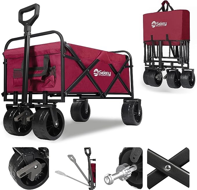 Sekey Collapsible Foldable Wagon with 220lbs Weight Capacity, Heavy Duty Folding Garden Cart with Big Beach Brake Wheels & Drink Holders.Red