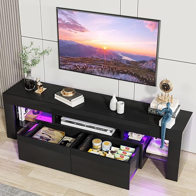  DMAITH LED TV Stand for 60 65 70 Inch TV, Black Modern High Gloss Entertainment Center, TV Console with 2 Large Storage Drawers and Glass Open Shelves, TV Cabinet for Living Room, Bedroom