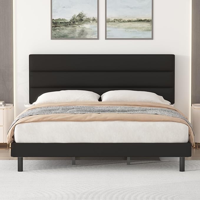 King Size Bed Frames with Headboard,Sturdy Upholstered Platforms Bed with Wooden Slats Support,No Box Spring,Mattress Bottom Frames,Easy Assembly,Black