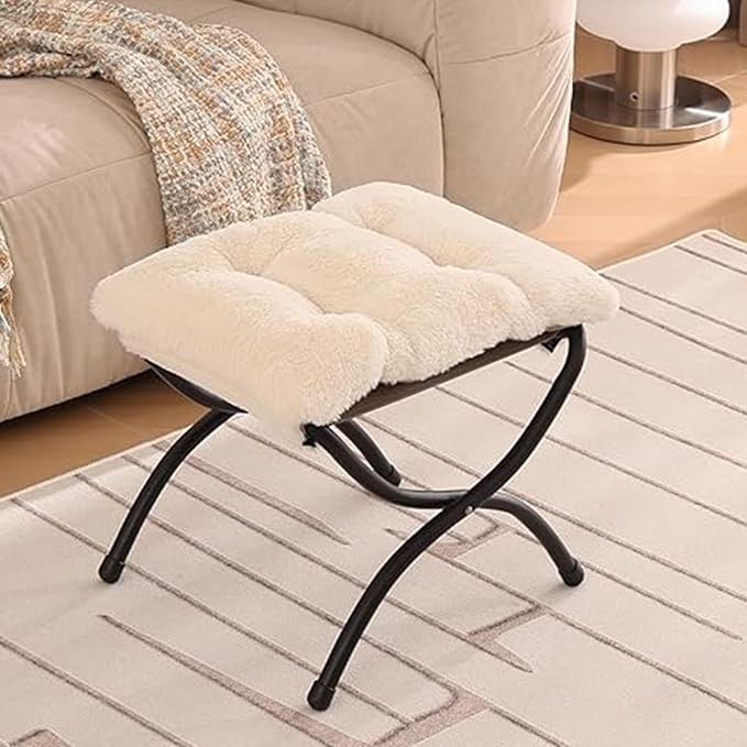 Welnow Taburete plegable, otomana tapizada con acento pequeño con cojín de algodón grueso desmontable acolchado y marco de metal para silla perezosa, sala de estar, dormitorio, beige de felpa
