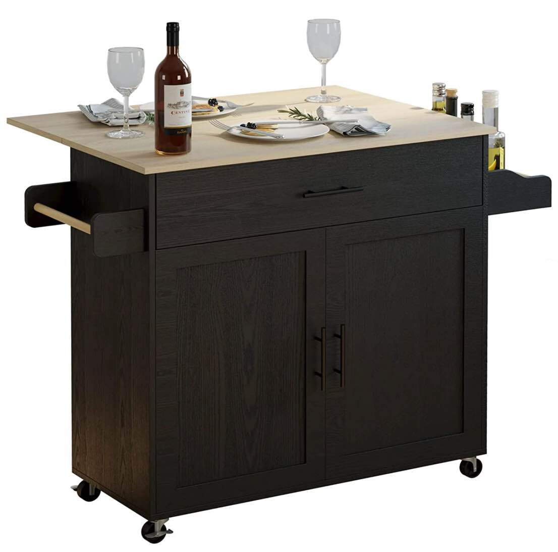 IRONCK Rolling Kitchen Island with Storage, on wheels with Storage Cabinet, Drawer, Spice Rack, Towel Rack, Kitchen Cart Island Table for Kitchen, Black