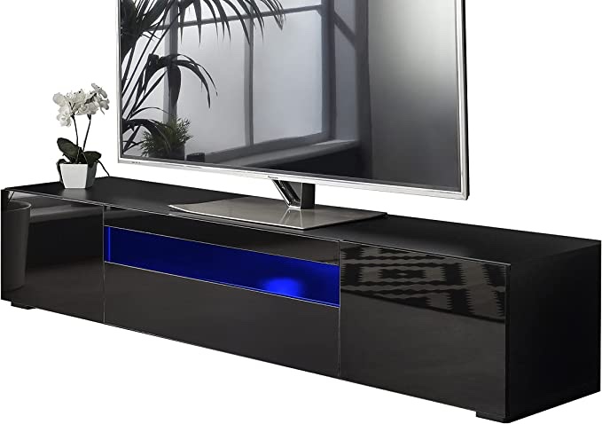 MMT Furniture Designs Ltd Modern Black 78.7" Matt Gloss Modular TV Cabinet with Blue LED Lights for 50 55 60 65 70 75 80 inch LED LCD Plasma TV
