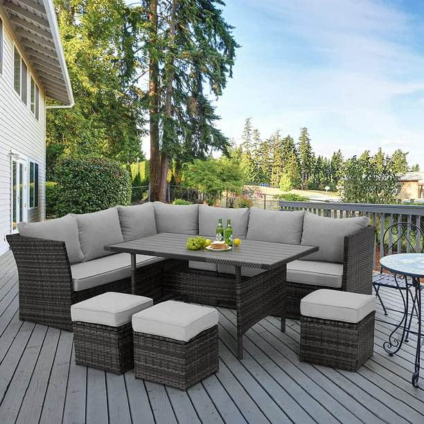 AECOJOY 7 Piece Patio Conversation Set, Outdoor Sectional Sofa Rattan Wicker Dining Furniture, Gray(incomplete box 4/4 only)