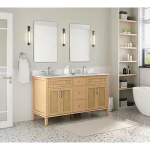 wooden bathroom vanity with double sink marble top
