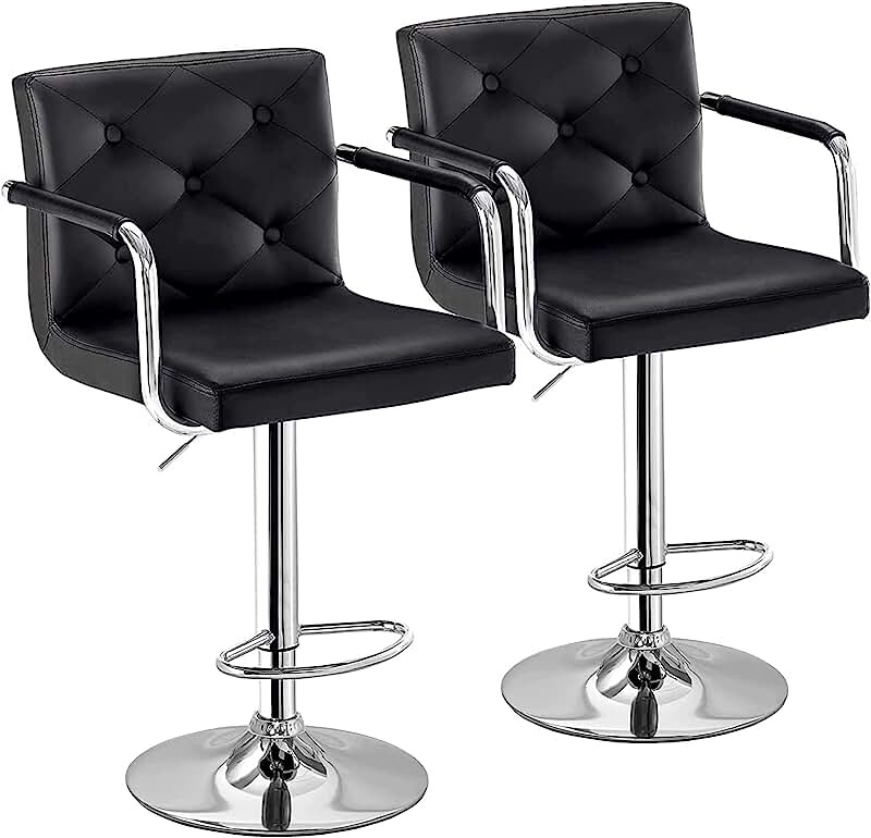 VECELO Bar Stools, Adjustable Bar Stools Set of 2 Counter Height Barstool with Back and Arms, Swivel PU Leather Bar Chairs for Kitchen/Island, Black