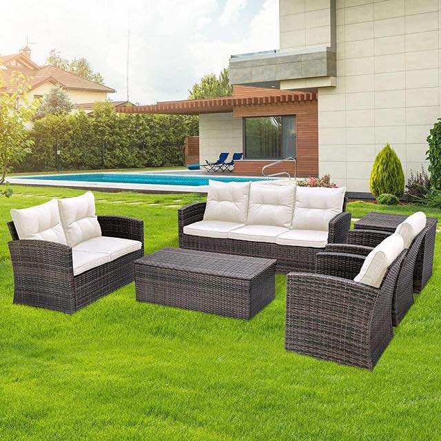 **INCOMPLETE** Grezone 7 Seater 6 Pieces Patio Outdoor Furniture Sets All Weather Wicker Sectional Sofa Couch Lawn Sectional Furniture with Washable Couch Cushions and Wicker Table (